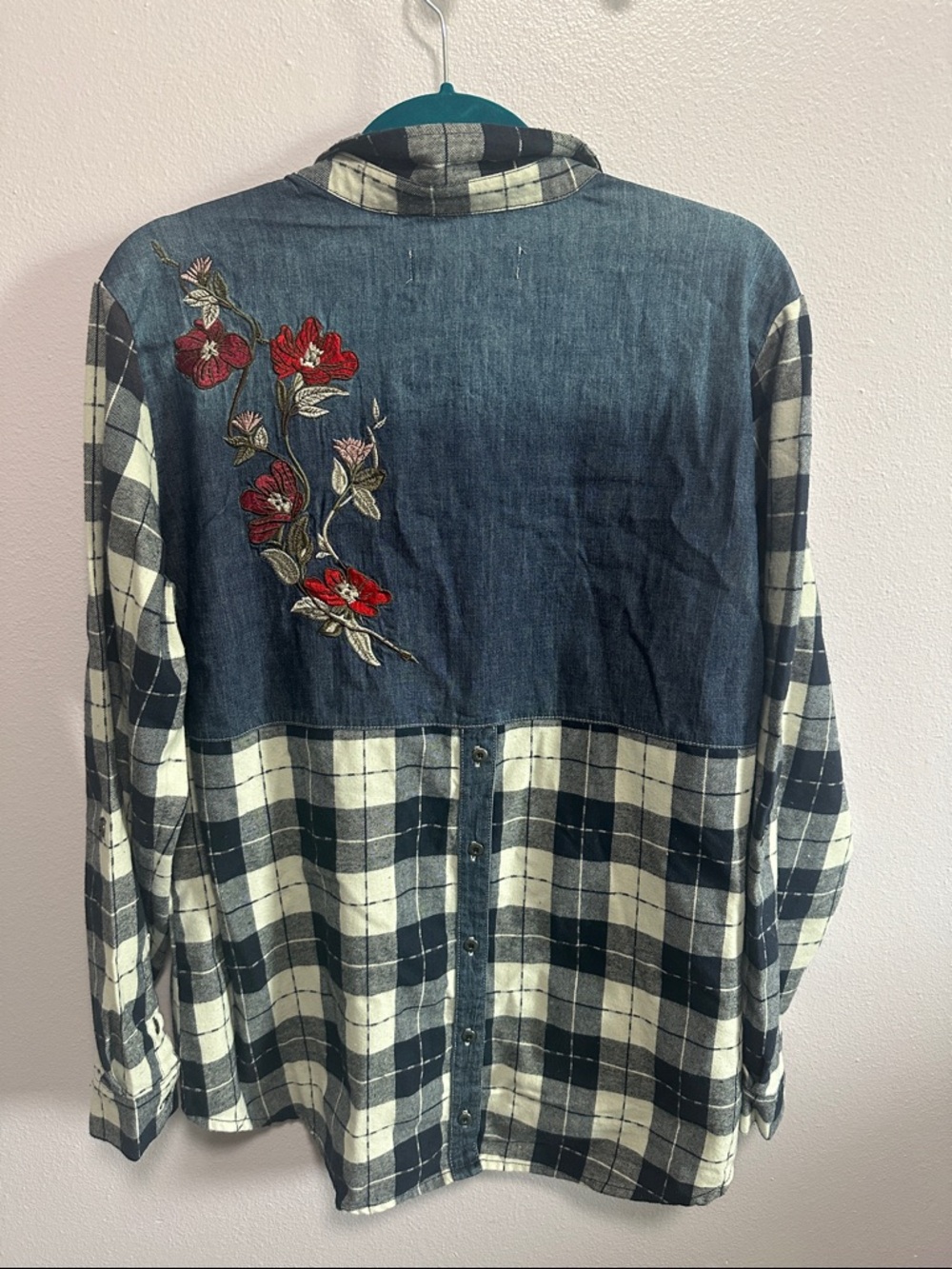 Denim & Black Plaid Button-Down Shirt with Red Floral Embroidery